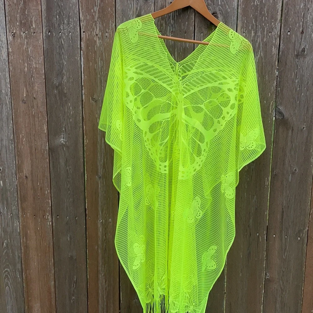 GECKO Neon Green Crochet One Piece Swim Cover Up NWT